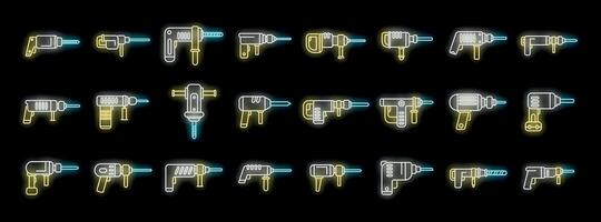 Neon icons of hammer drills, rotary hammers, and demolition hammers illuminating construction and diy projects vector