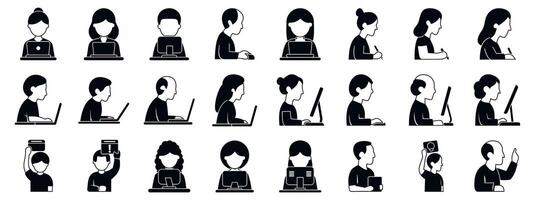 Workforce productivity icons set. Office workers and freelancers working on computers and taking notes vector