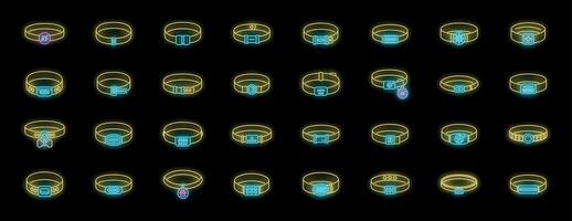 Dog collar icons set, simple design. Pet accessories glowing neon style vector