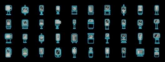 Neon blue payment terminals icons set featuring various designs and payment methods vector