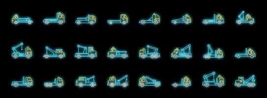 Neon tow trucks icons illuminating roadside assistance and vehicle recovery vector