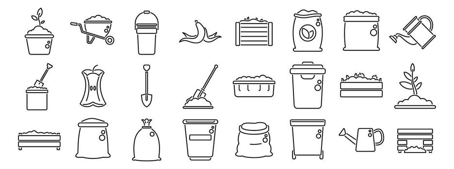 Composting icons set. Compost icons showing composting process, organic waste, fertilizer and bucket vector