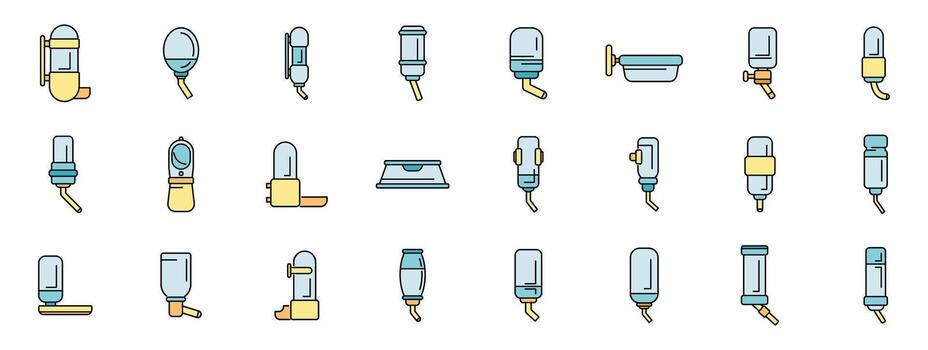 Pet waterer icons showing various styles of hydration systems for animals vector