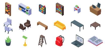 Library interior icons set. Library room furniture providing comfortable reading environment vector