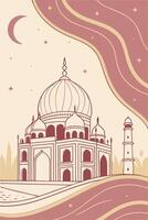 Hand-drawn line drawing of the Taj Mahal with a dreamy atmosphere. vector