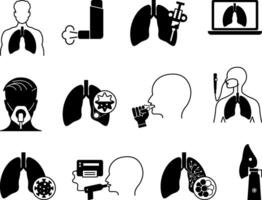 Black Lung Disease Icon Set. Illustrations Lung, Lung Biopsy, Inhaler, Lung Screening, Oxygen Mask, Nebulizer, Bronchial Asthma, Spirometry, COPD, Pneumonia, Bronchoscopy, and Cough vector
