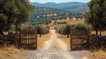 A Rustic path beckons through an open wooden gate towards a sun drenched hillside olive grove. photo
