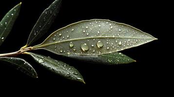 Macro shot of dew drops on a dark green olive leaf branch against a black background. photo