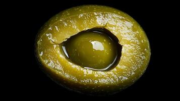 Extreme close up of a glistening green olive with a pit. photo