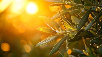 Golden hour sunlight illuminates delicate olive leaves with a soft bokeh background. photo