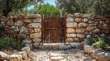 Rustic Stone Wall with Wooden Gate and Olive Trees. A picturesque scene of an old stone wall, partially open wooden gate, and lush greenery. photo