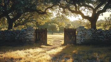 An inviting, sun drenched pathway through an old stone wall and wooden gate, leading into a tranquil landscape. photo