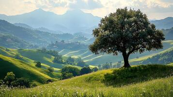 Serene Tuscan Landscape with Rolling Hills and an Iconic Oak Tree. This picturesque scene captures the essence of the Italian countryside bathed in soft light. photo