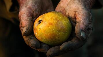 Hands cradle a ripe apple, showcasing the rewards of hard work and nature's bounty. The weathered, soil-stained hands symbolize dedication to the harvest. photo