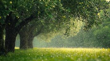 Lush Olive Trees in Gentle Rain Shower, Bathed in Sunlight. This image captures the serene beauty of an olive grove during a light rain, with sunlight filtering through the leaves. photo