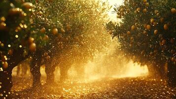 Golden Oranges in a Sunlit Grove with Sparkling Light Effects. photo