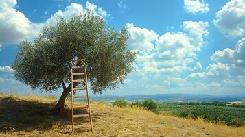 An old olive tree with a wooden ladder stands ready for harvest under a bright blue sky with fluffy clouds. photo