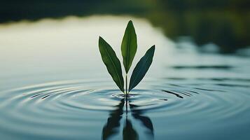 Gentle Ripples on Calm Water with Emerging Green Leaves. photo