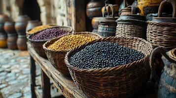 Baskets of colorful dried legumes and grains in a market setting. These natural ingredients are showcased in rustic woven containers. photo