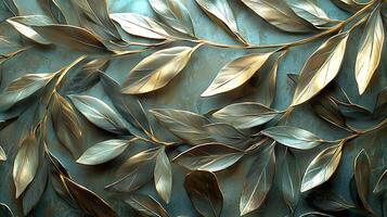 Elegant Metallic Leaves with Golden Accents on Textured Background. This abstract image showcases a sophisticated arrangement of metallic leaves, featuring intricate details and a luxurious feel. photo