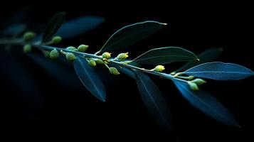 Moody close up of an olive branch with unripe fruit against a dark background. This image captures the texture and delicate details of the plant. photo