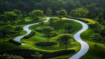 Serene winding pathway through lush, manicured green hills under dappled sunlight. This image captures the peaceful beauty of a well-maintained garden with a path inviting exploration. photo