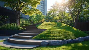 Modern Urban Garden with Sunlit Steps and Lush Greenery. This serene scene captures the beauty of a contemporary outdoor space, blending architectural design with natural elements under a bright sky. photo