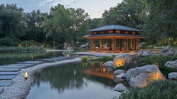 Serene Japanese garden with illuminated pavilion and pond at dusk. This tranquil scene captures the essence of peace and natural beauty. photo