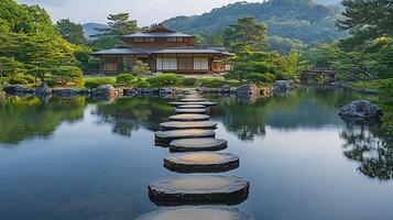 Serene Japanese garden with a traditional building and stepping stones across a tranquil pond. photo