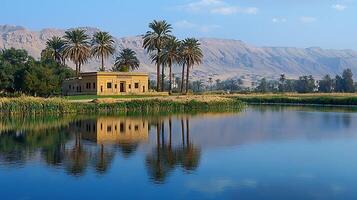 Tranquil Oasis with Ancient Building and Mountain Backdrop. photo