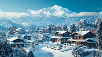 A serene winter village nestled at the base of a majestic snow capped mountain range. Idyllic scene depicts traditional architecture blanketed in fresh snow under a clear blue sky with soaring birds. photo
