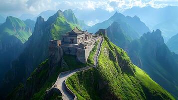 Ancient fortified citadel perched atop a dramatic, mist shrouded mountain range. photo