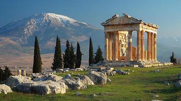 Ancient Greek temple ruins stand against a snow-capped mountain range under a clear blue sky. photo