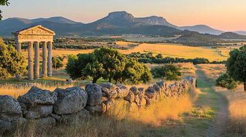Ancient Greek temple ruins bathed in golden sunset light. A stone wall and path lead through a grassy landscape towards rolling hills and dramatic mountains. photo