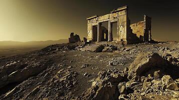 Ancient ruins stand on a rocky hill under a hazy sky. These weathered stone structures evoke a sense of history and timelessness. photo