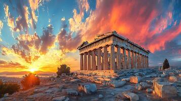 Ancient Parthenon bathed in the vibrant hues of a dramatic sunset. This iconic structure stands as a testament to history against a backdrop of fiery clouds and golden light. photo