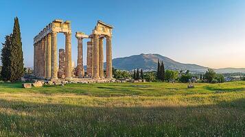 Ancient Greek Temple Ruins Under a Clear Blue Sky. photo