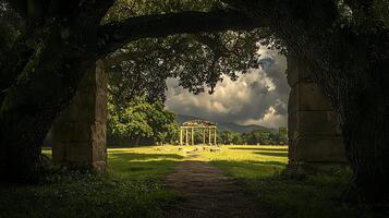 Ancient Ruins Framed by Majestic Trees and Dramatic Skies. This image captures the timeless beauty of historical architecture emerging from a lush, green landscape under a dynamic cloud formation. photo