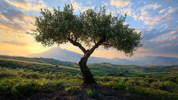 Majestic olive tree stands tall in rolling hills at sunrise. The soft golden light illuminates the landscape and a distant mountain. photo