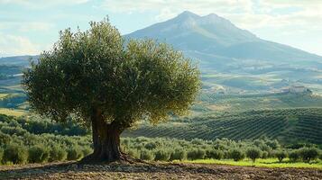 A lone, ancient olive tree stands in a cultivated field, with rolling hills and a majestic mountain peak in the background. photo