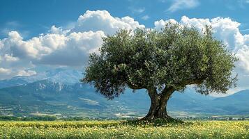 Ancient olive tree stands in a field of wildflowers with rolling mountains in the background. The scene is bathed in sunlight under a dramatic cloudy sky. photo