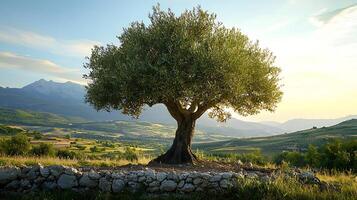 Majestic ancient olive tree stands proudly against a backdrop of rolling hills and distant mountains at sunset. photo