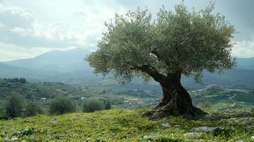 Ancient olive tree on a hillside overlooking rolling green valleys and distant mountains. photo