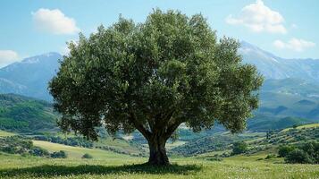 Majestic ancient olive tree stands on a sun-drenched meadow with rolling hills and distant snow capped mountains. photo