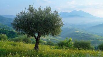 Serene Mediterranean landscape with a lone olive tree in a field of wildflowers. Hazy blue mountains rise in the distance under a soft sky. photo