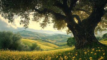 Ancient Olive Tree Overlooking Rolling Tuscan Hills in Golden Hour. photo
