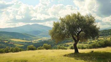Serene Tuscan Landscape with Lone Olive Tree and Rolling Hills. This image captures the peaceful beauty of the Italian countryside under a dramatic sky. photo