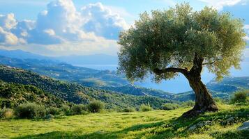 Scenic Mediterranean Landscape with Ancient Olive Tree and Rolling Hills. photo