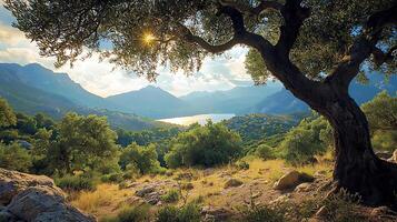 Scenic Mediterranean landscape with an ancient olive tree overlooking a tranquil bay at sunset. photo