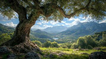 Ancient Tree Overlooking Majestic Mountain Valley with a Serene Lake. photo